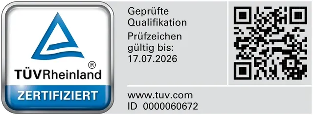 Zertifikat für geprüfte Qualifikation des TÜV Rheinland mit ID 0000060672