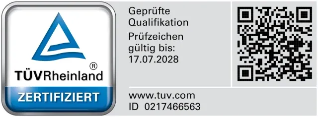 Zertifikat für geprüfte Qualifikation des TÜV Rheinland mit ID 0217466563